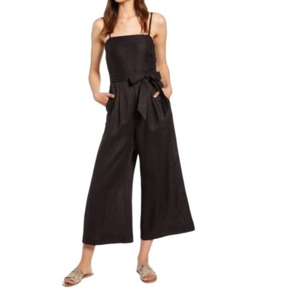 J. Crew Women’s Tie-Waist Linen Jumpsuit size 10 Black Wide Leg